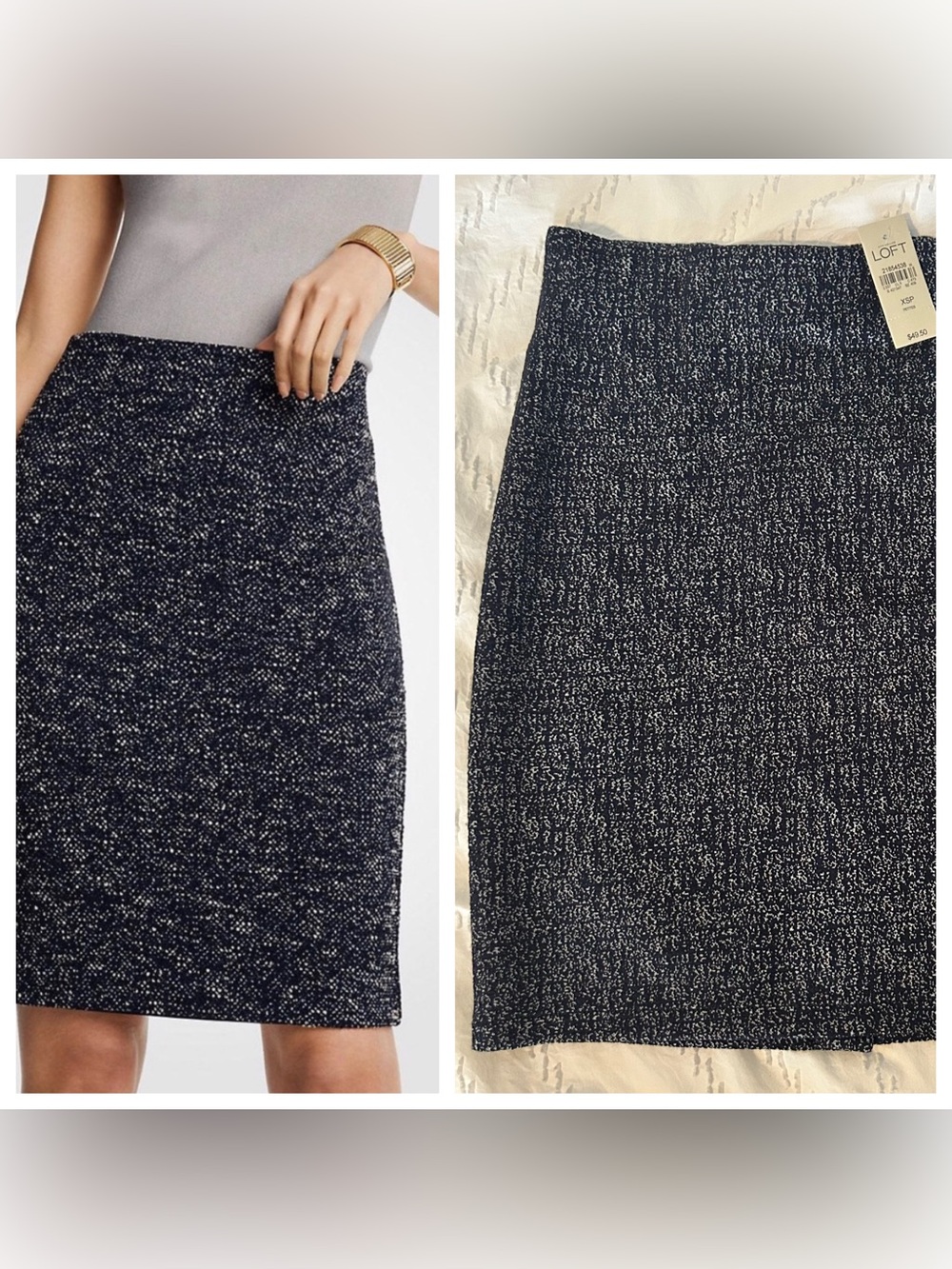 LOFT Women’s Black Pull On Pencil Skirt Tweed Knit Stretch Elastic Waist XSP NEW